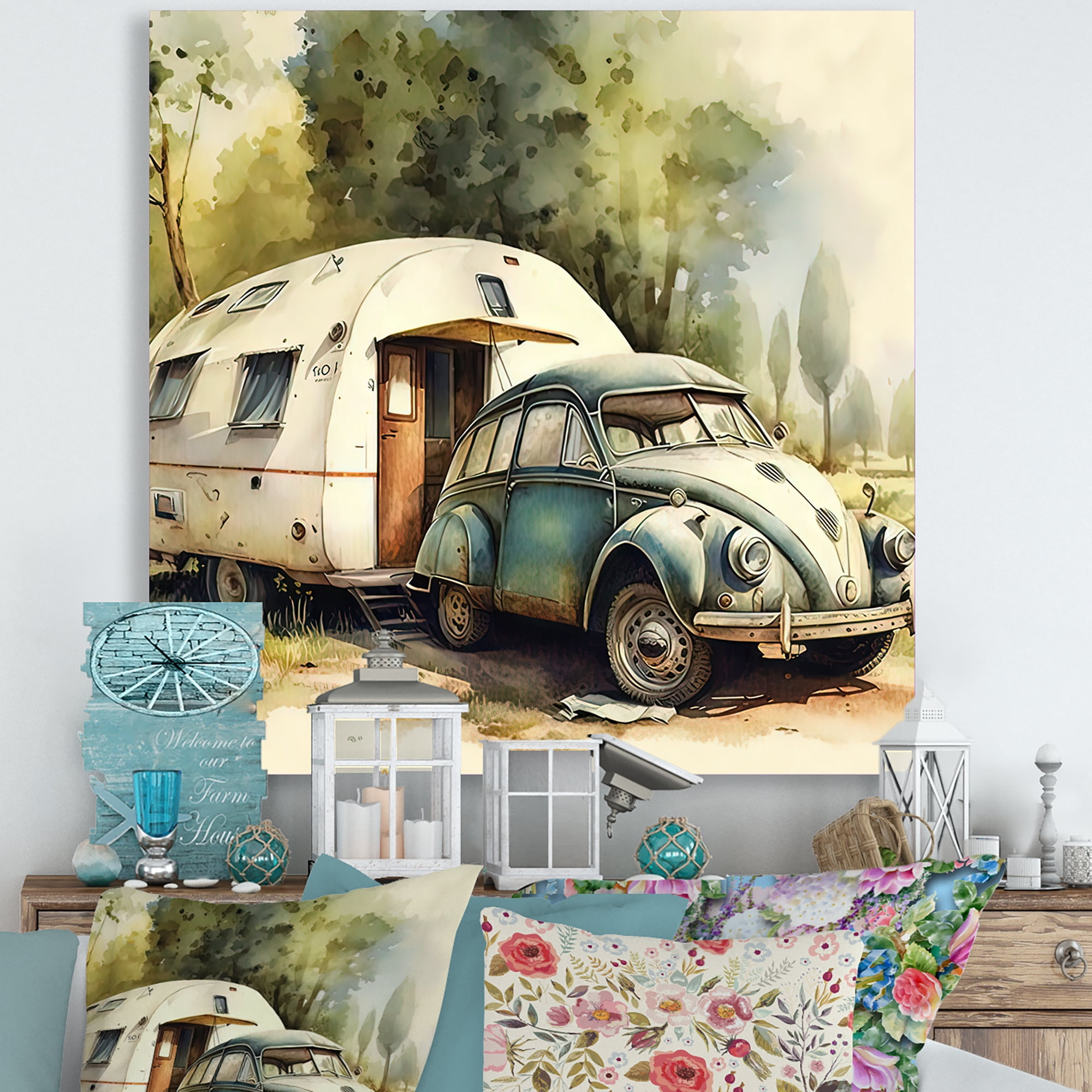 Free Shipping! Designart Vintage Camping Beach Decor Canvas Wall