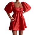 thumbnail image 2 of EGNMCR Robes de Fête pour Femmes Mode Femmes Robe Courte d'Été à Encolure Carrée Unie Décontractée à Manches Bouffantes, 2 of 6