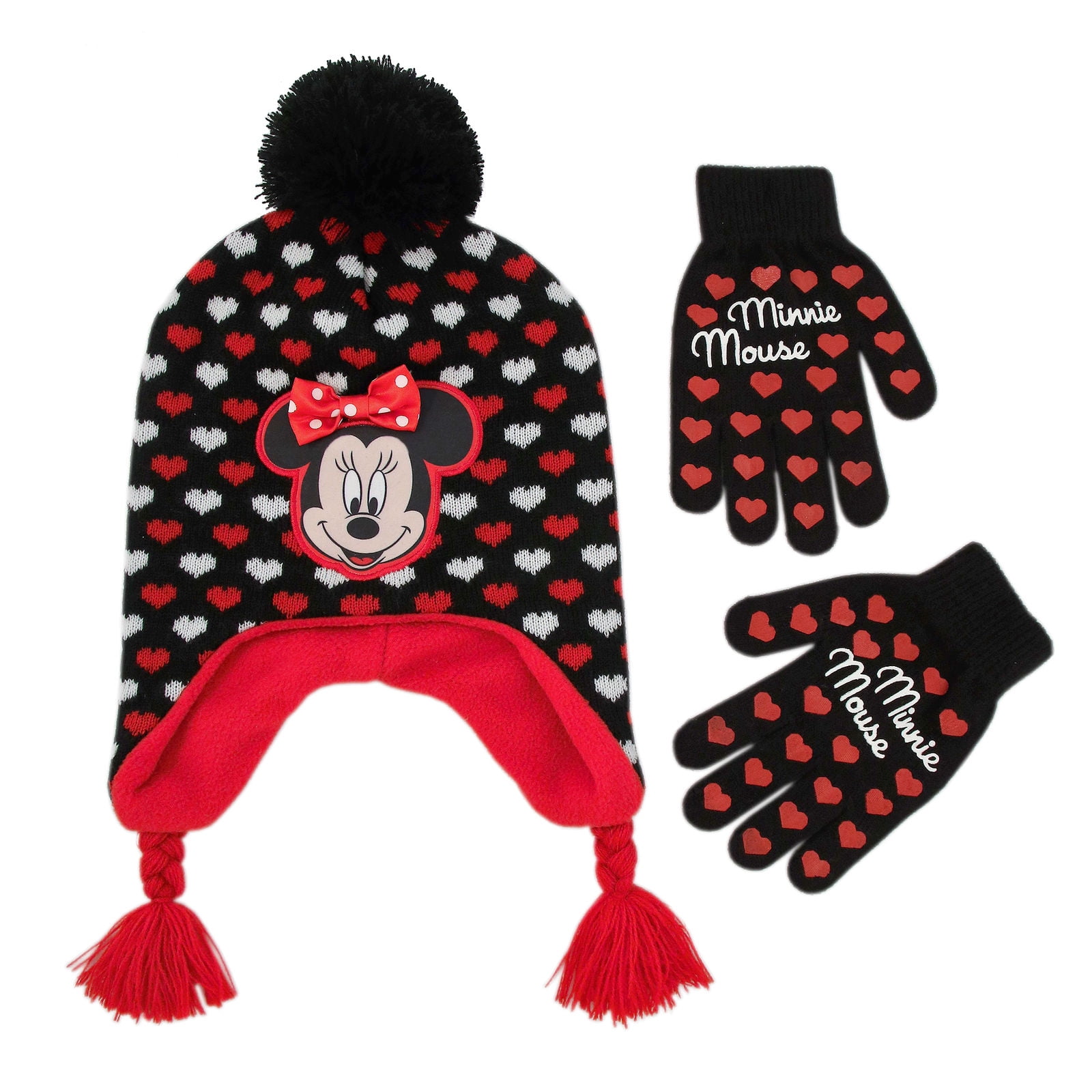 4-7 Disney Minnie Mouse Girl/'s Black//Red Striped Beanie /& Gloves Set Sz