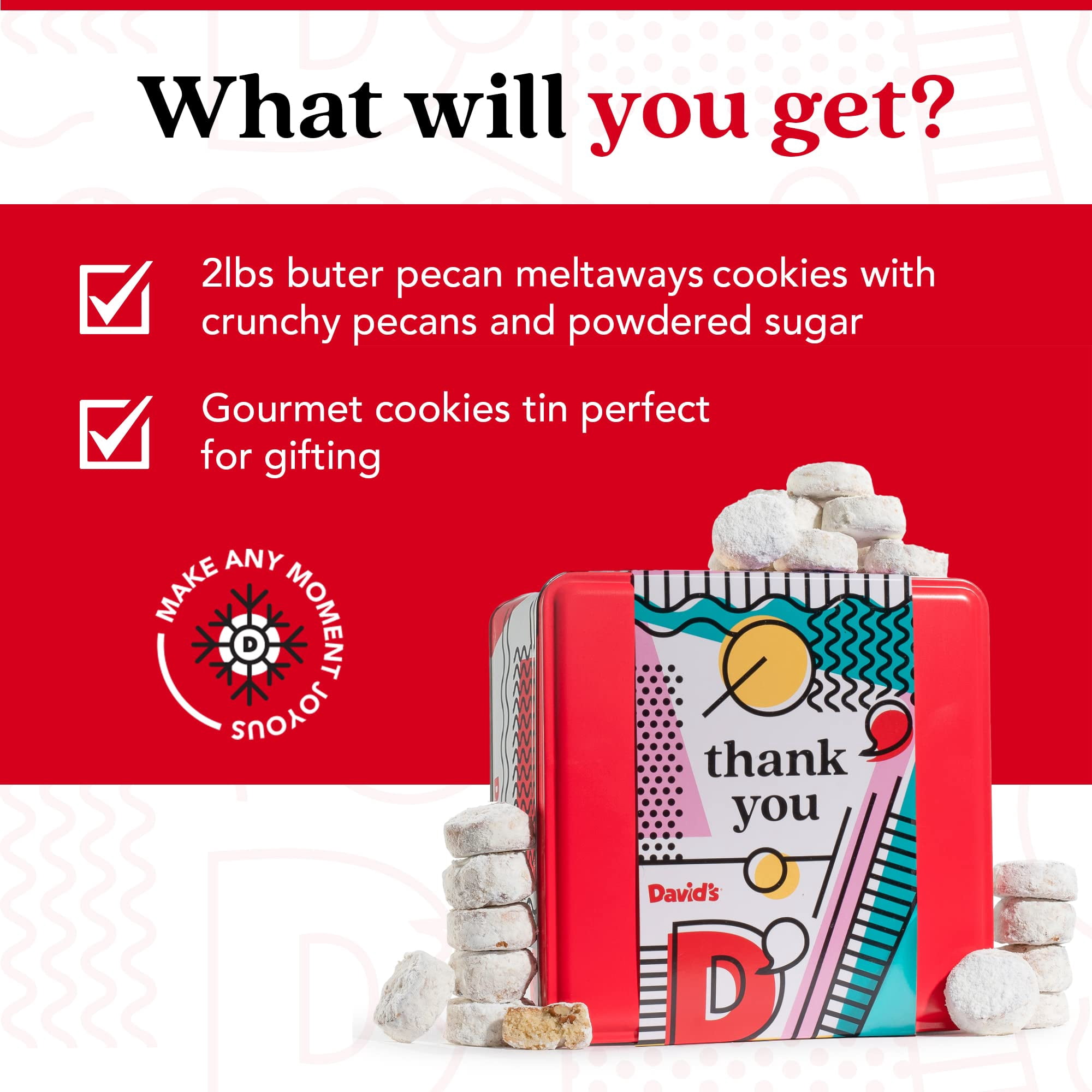 David's Cookies Pecan Meltaways Butter Cookies in Thank You Gift Tin, Sweet Sampler Treat, 32 oz