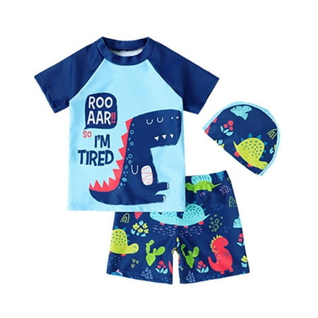 

SYNPOS Kids Boys Dinosaur Shark Short Sleeve Rashguard Two Pieces Swimsuit Hat Set for 1-7T Swimwear