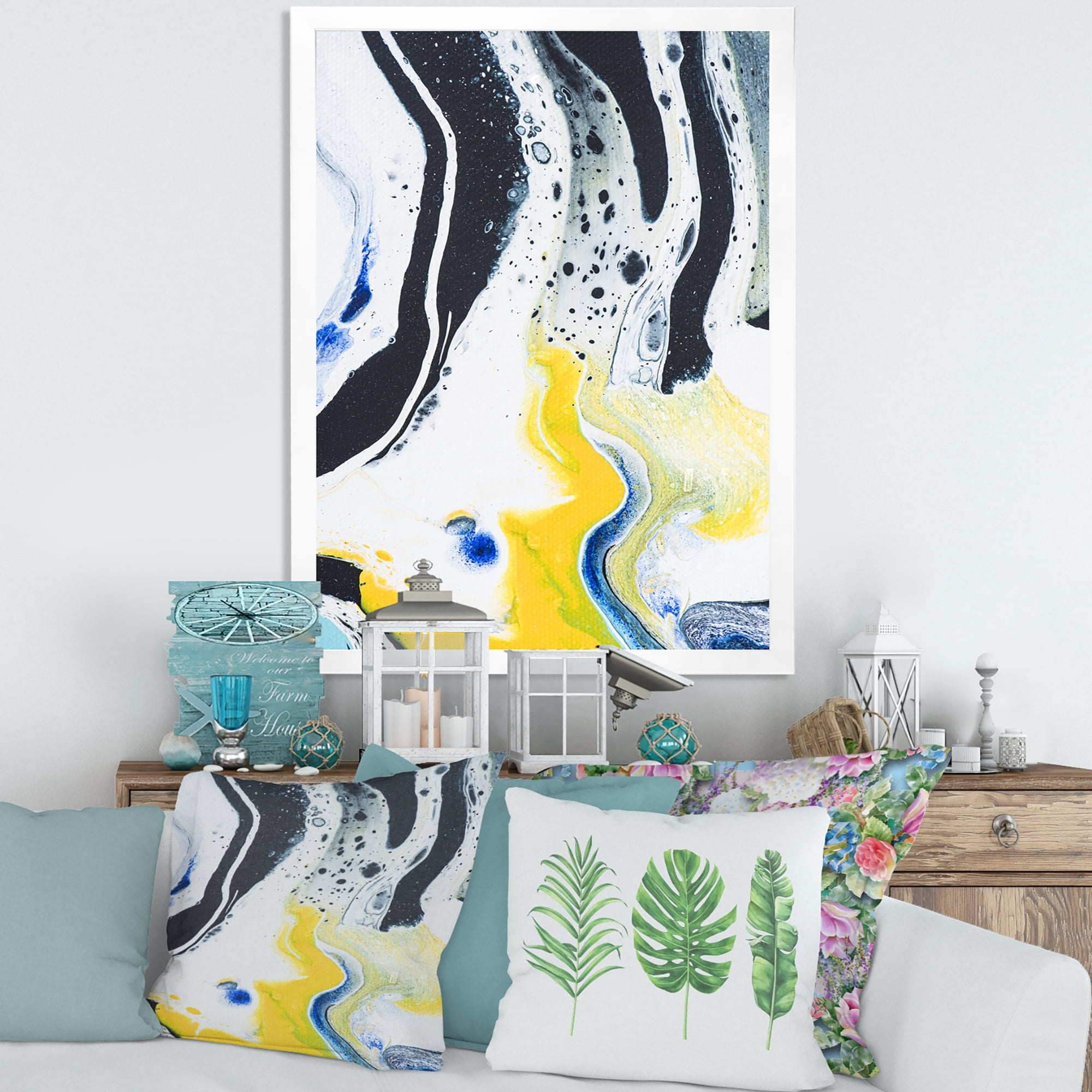 Designart 'Abstract Marble Composition In Blue and Yellow IV' Modern Framed Art Print