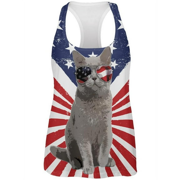4th Of July Meowica America Patriot Cat All Over Womens Work Out Tank Top Multi LG