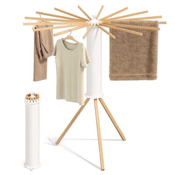 SONGMICS Clothes Drying Rack Foldable, Rotary Tripod Laundry Drying Rack, Portable Floor Standing Clothes Airer, 16 Pull-Out Wood Arms, Natural Color
