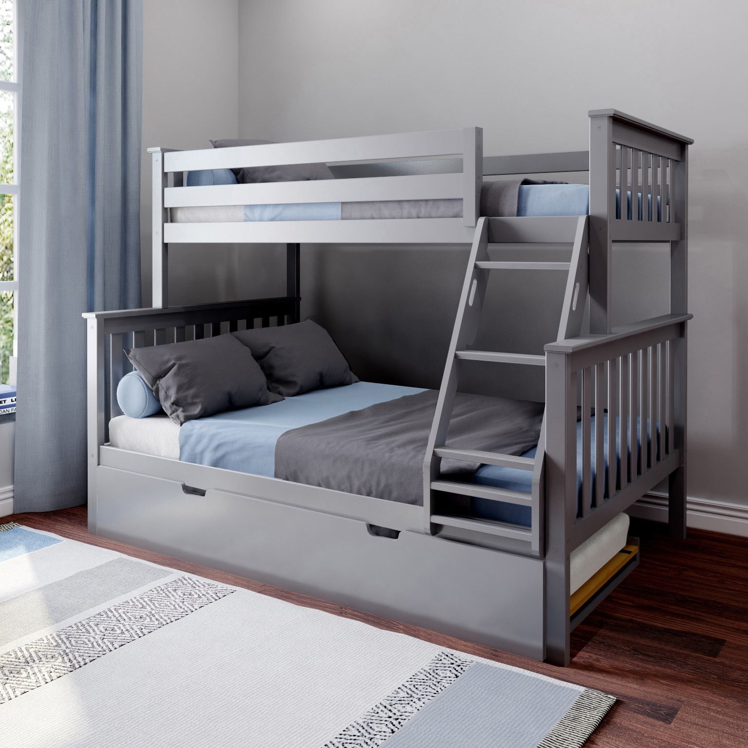 Max & Lily Twin over Full Bunk Bed with Storage Trundle and Ladder for Kids, Grey