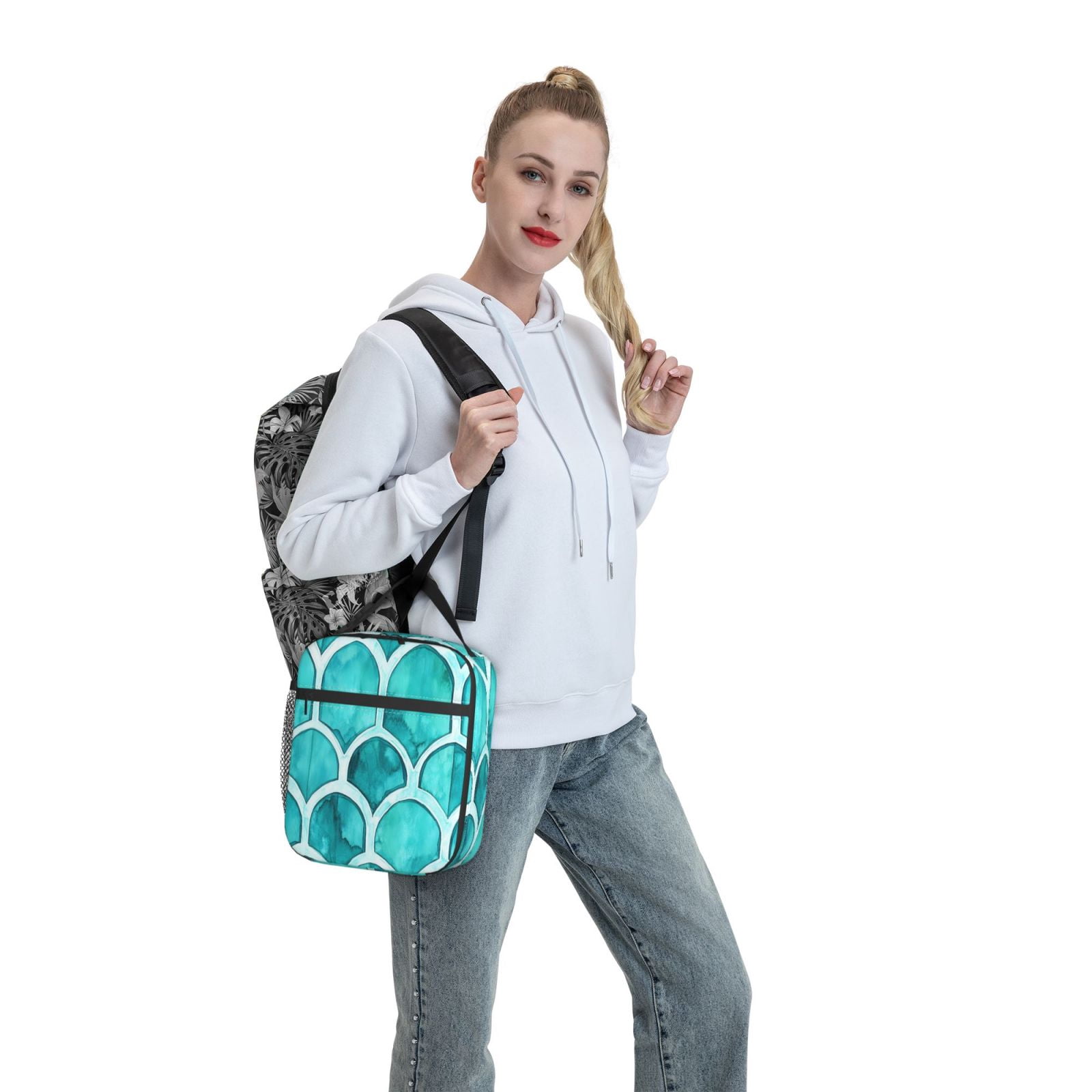 Lunch Bag For Women Men Insulated Portable Lunch Box Bento Box Office Picnic Travel Cooler Bag Turquoise Moroccan Trellis Hand-Drawn Sketch_2