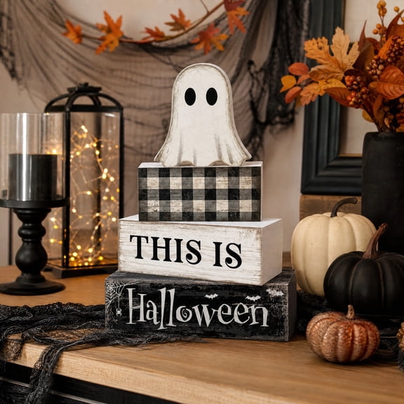 Orangide Halloween Block Sign Set This Is Halloween Stackable Wooden Table Decor with Ghost Cutout and Plaid Distressed Ornament for Home