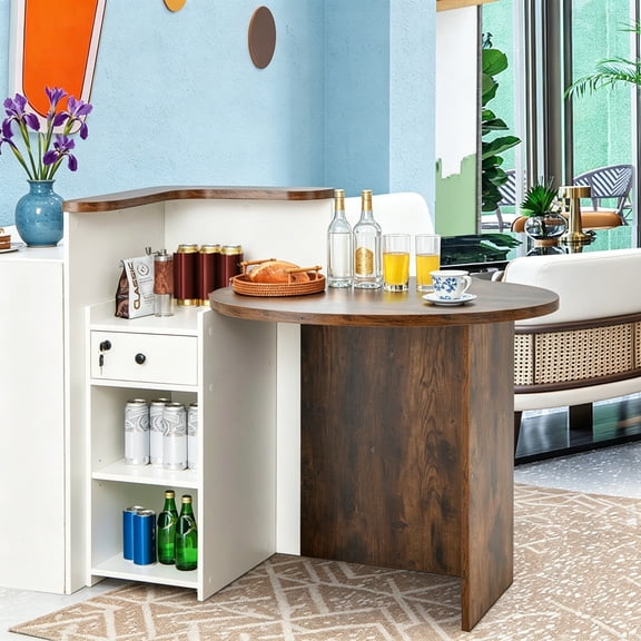 Reception Desk, Front Desk with Open Shelves, Lockable Drawer, Round Tabletop, Checkout Counter, Retail Counter, Computer Workstation for Office (White Cabinet & Rustic Brown Desktop)