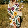 thumbnail image 3 of Painted Autumn Floral Bouquet Design Women's 3/4 Sleeve Dresses Elegant A-Line Midi Dress Flare Summer Casual Sundress, 3 of 9