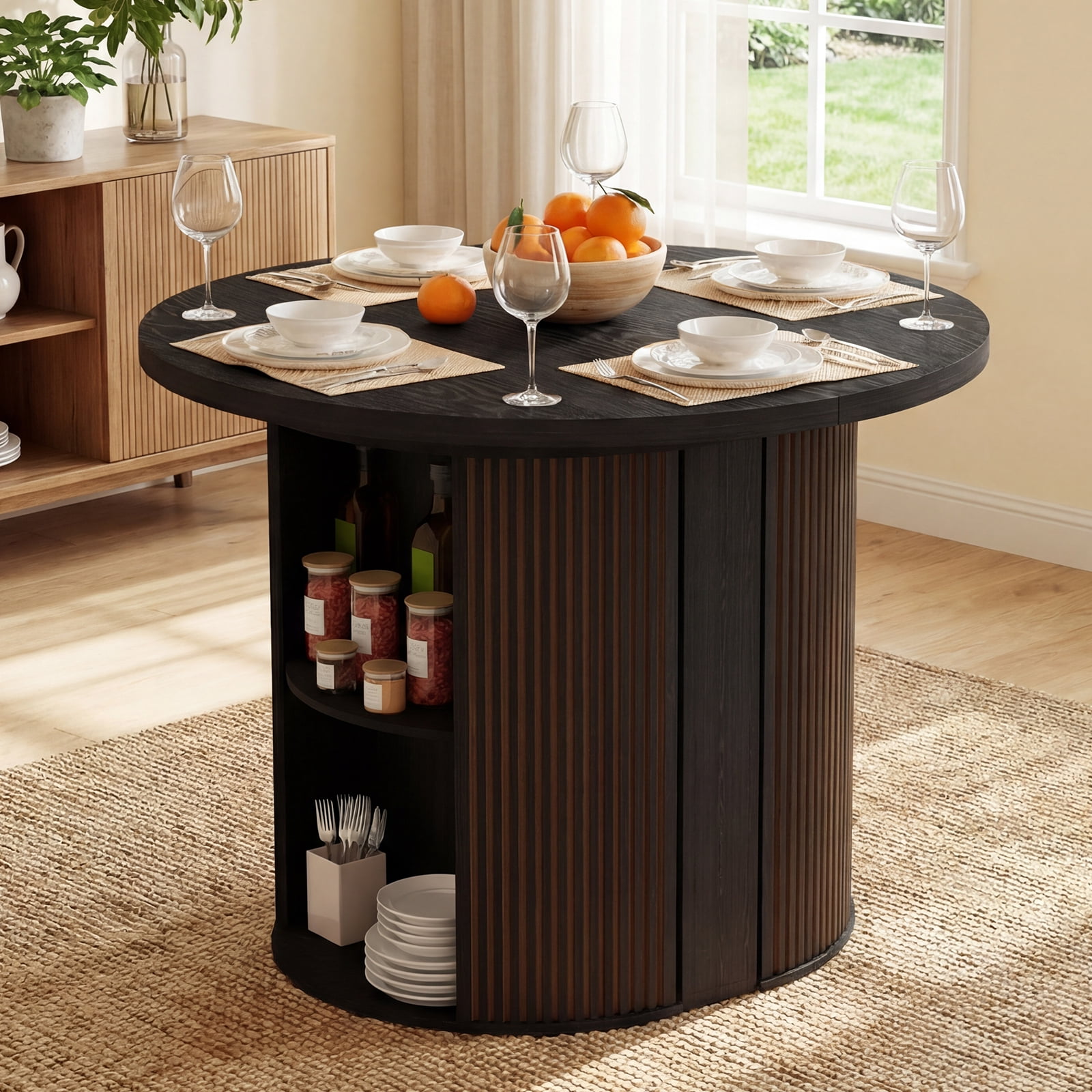Advwin Extendable Dining Table for 2-12 People, 38" to 110" Space-Saving Folding Table with Storage &  Fluted Base, Modern Wooden Expandable Table for Dining Room, Party, Meeting, Wedding, Black