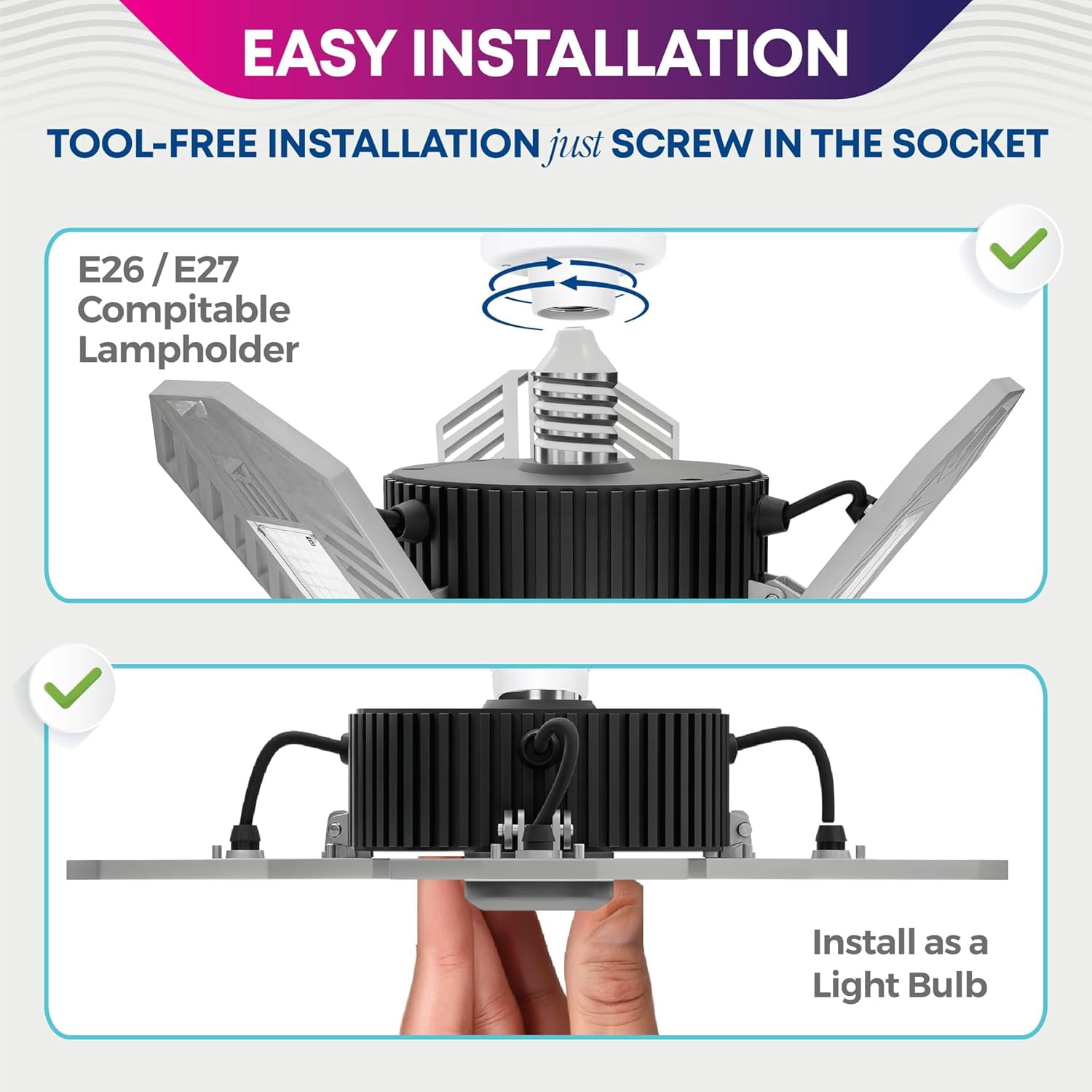FEFEFW-TRIBURST Aluminum LED Socket Ceiling Light Bulbs 60W 4000 LM 6500K – 3 Deformable Panels LED Shop Light Fixture for Indoor, Bedroom, Living Room, Garage Lights, Home Improvement, E26 / E27