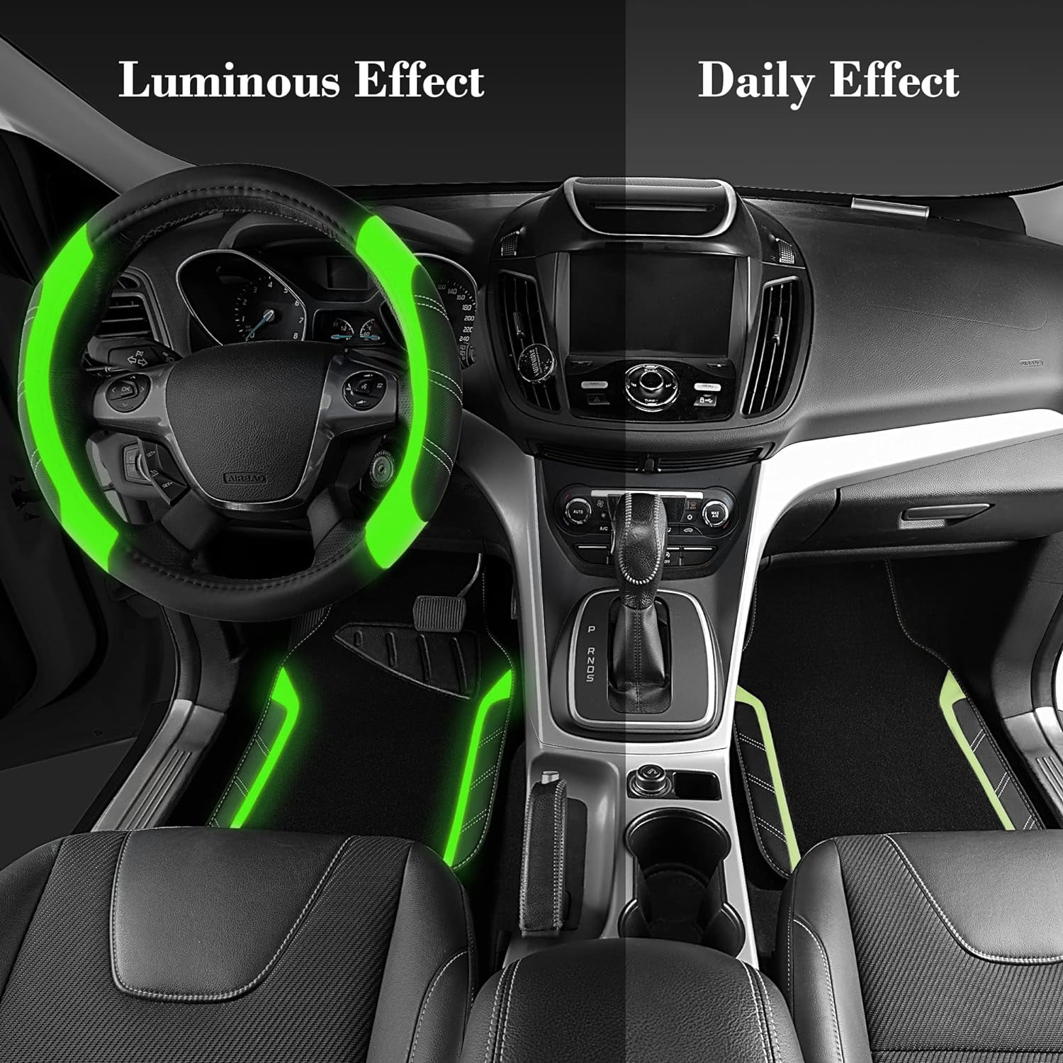 CAR GRAND Leather Steering Wheel Cover and Waterproof Car Floor Mats,Microfiber Universal Car Combo Fit for Sedan,SUV,Cars,14.5-15inch Sporty Anti-Slip Comfortable Design(Black＆Fluorescence Green)