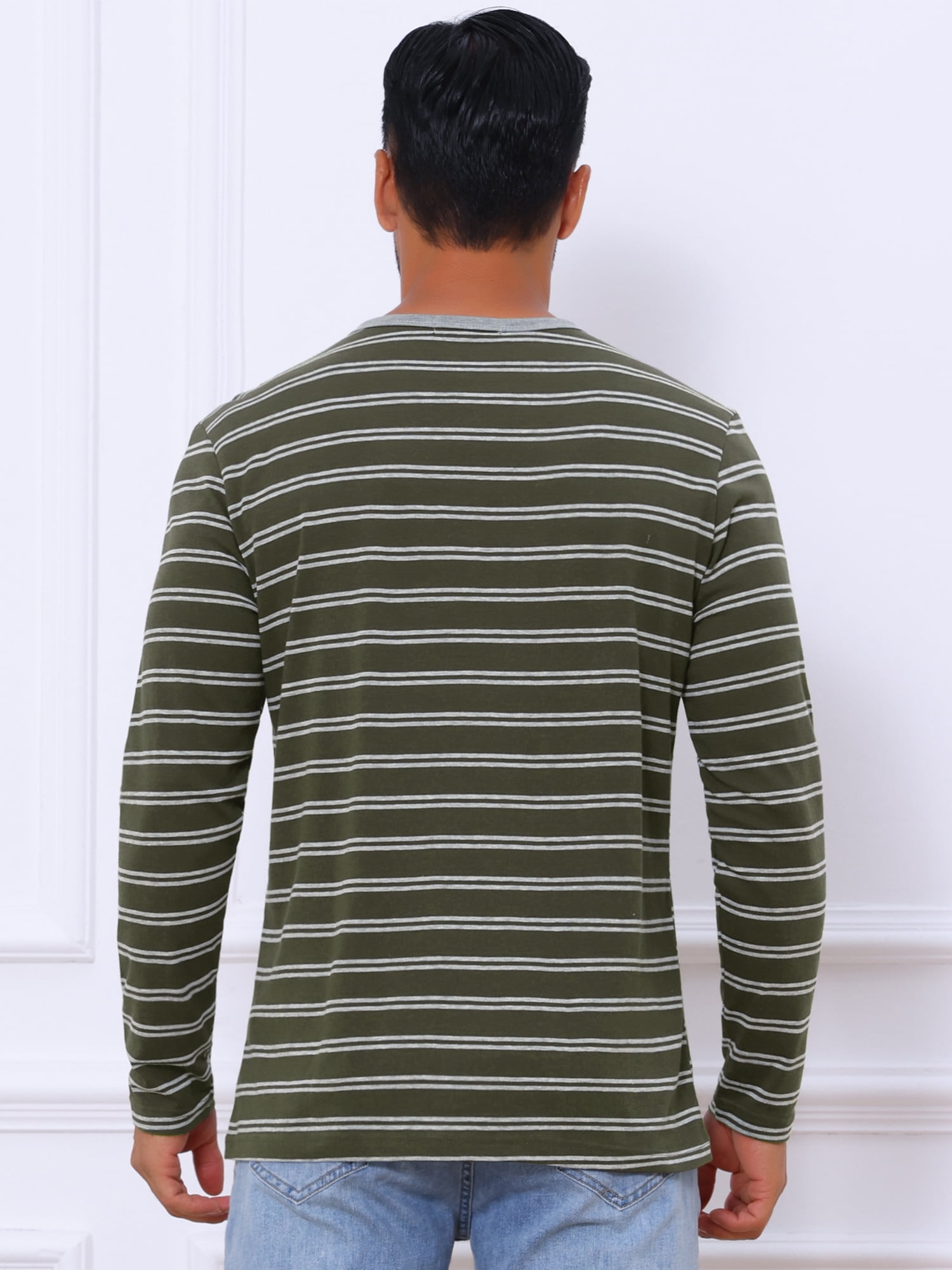 DARING DIVA Men's Long Sleeve Contrasting Colors Striped Henley T-Shirt S Dark Green