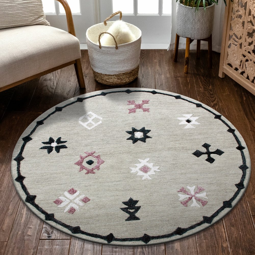 LR Home Hand Hooked Gray 7 ft. Geometric Bordered Round Area Rug