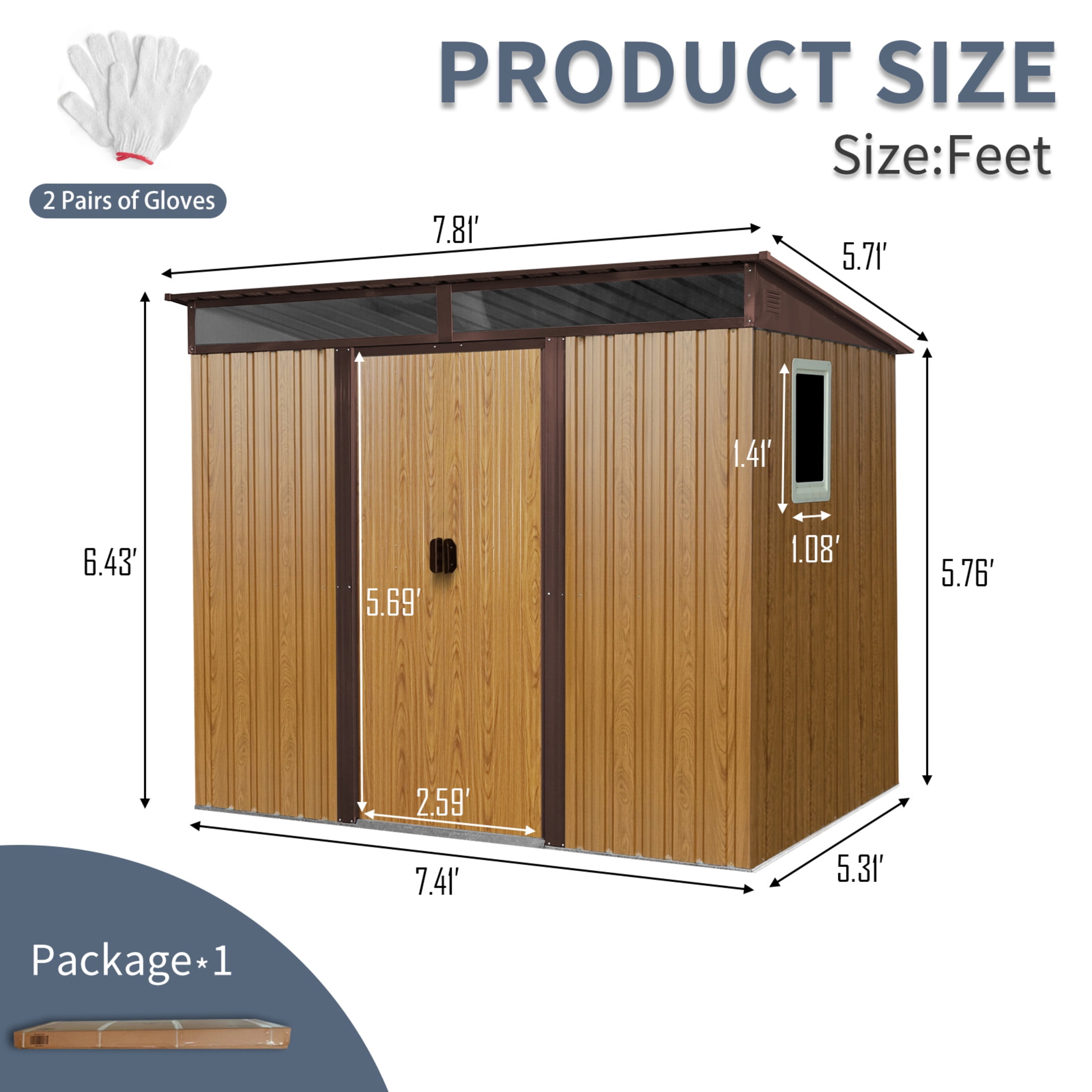 Noble House 8x6 FT Outdoor Metal Storage Shed with Window & Transparent Plate, Galvanized Steel Garden Utility Room, Coffee