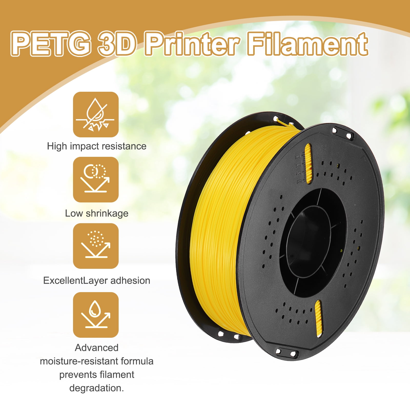 PETG 3D Printer Filament, 1.75mm 1KG Superior Toughness Glossy Filament Yellow for FDM Printers 1 Pcs