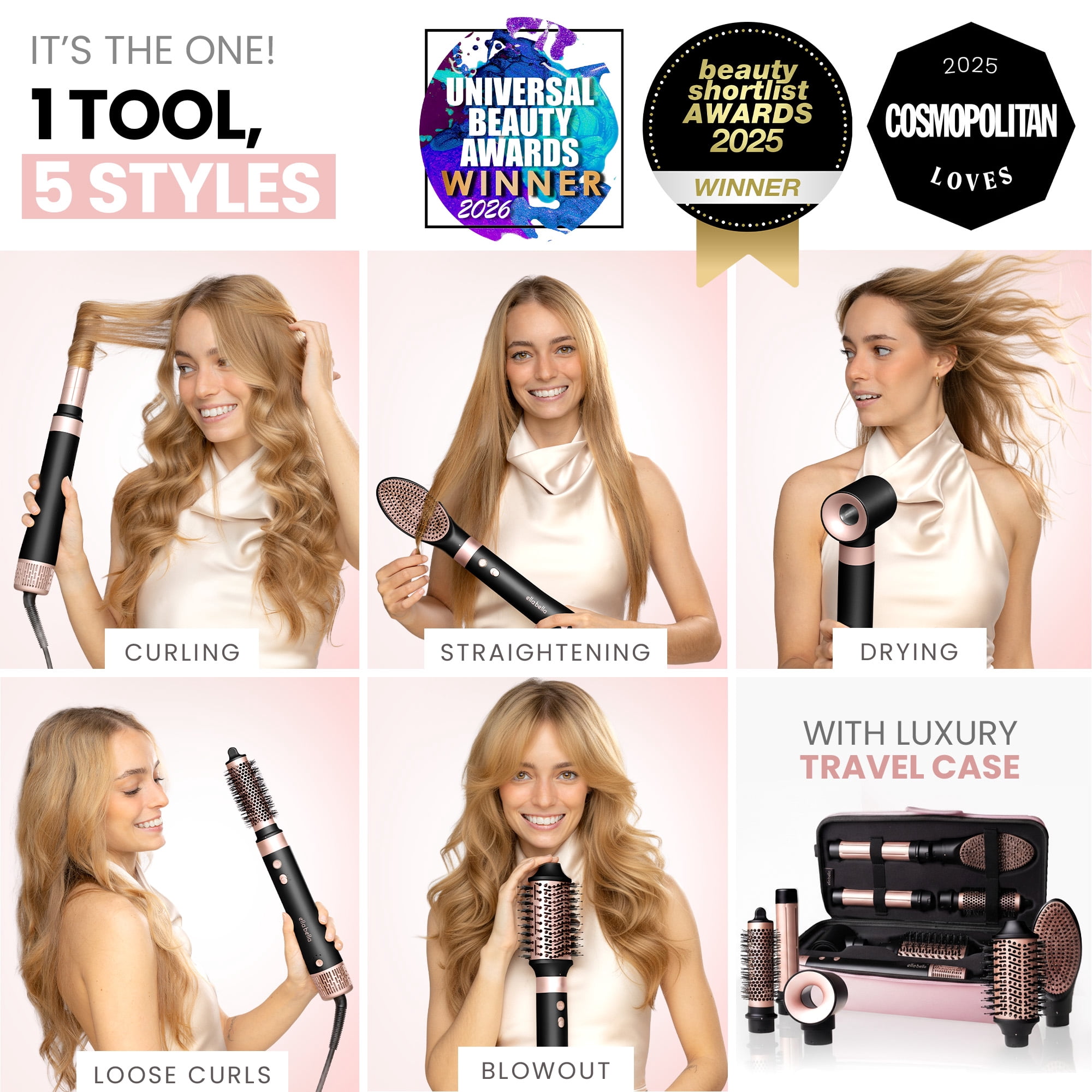 ELLA BELLA® 6 in 1 Professional Hot Air Styler • Powerful Hair Dryer & Straightener Set • Fast Drying Curling Volumizing Straightening Styling • Includes Protective Travel Case (Black & Rose Gold)