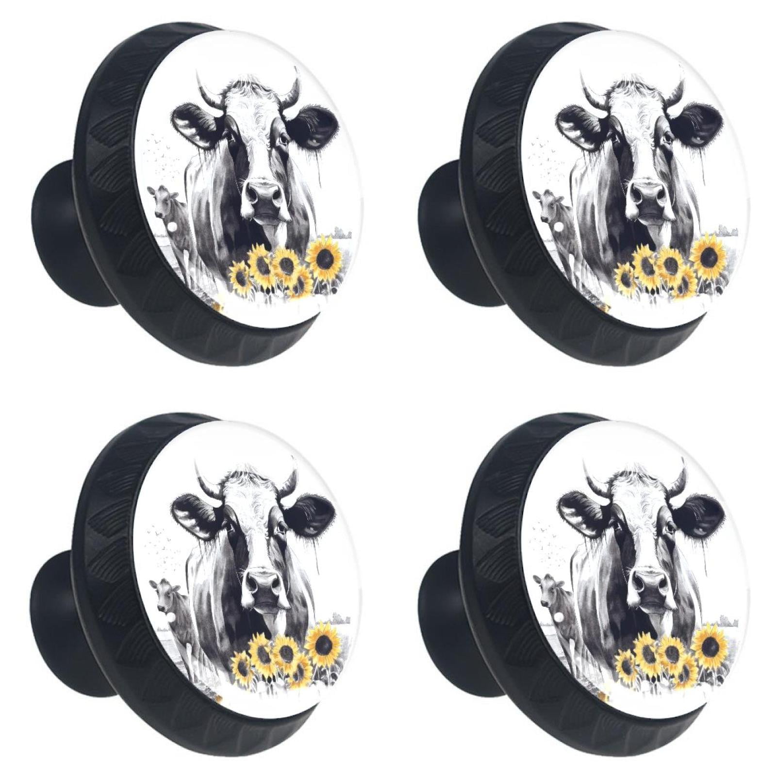 4 Pcs Cow and Sunflower Knobs for Kitchen Cabinet Cupboard Dresser Bookcase Drawer Pulls Handles Round Home Decor