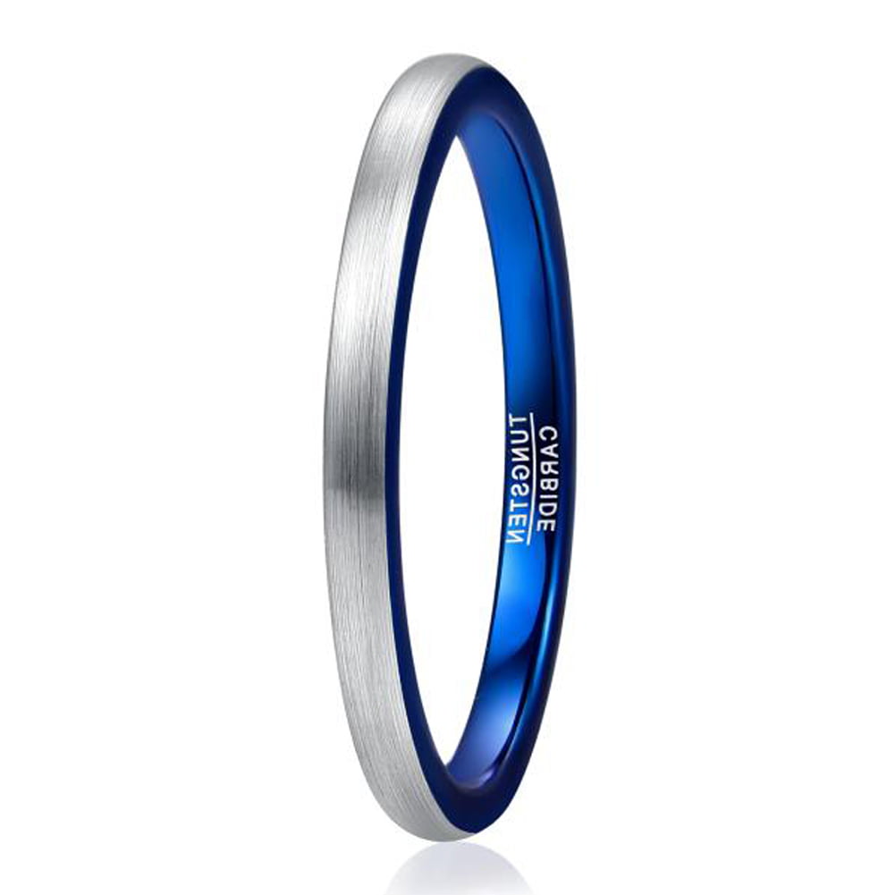 Vakki 2mm Tungsten Rings for Men Women Black/Blue/Silver/Rose Gold/Matte Silver-Blue Stackable Slim Wedding Bands Size 5-12 