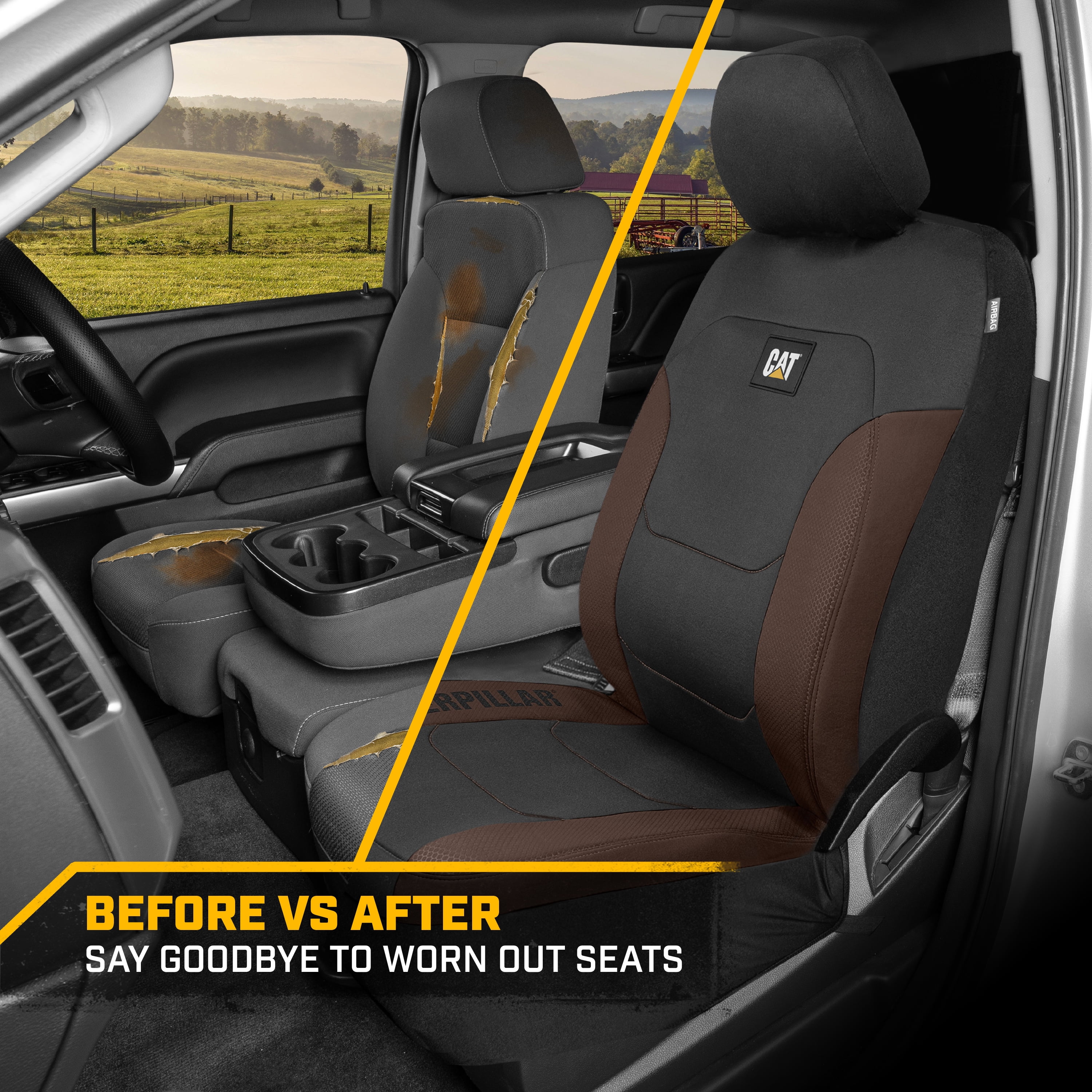 CAT FlexFit Brown Black Seat Covers for Cars, Trucks, & SUV - (2) Front Car Seat Cover Front Seat Protectors - Airbag Compatible Seat Covers for SUV Interior Covers & Truck Seat Cover Car Accessories