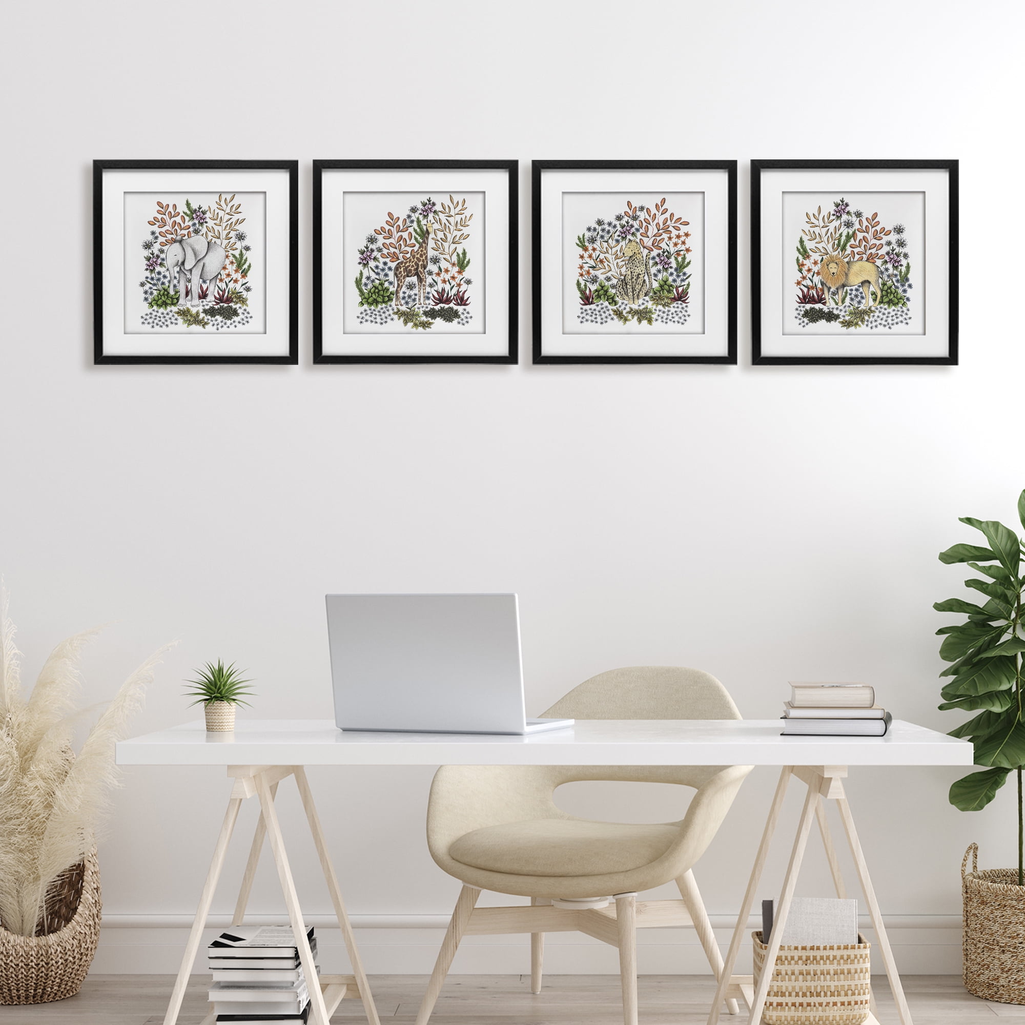 Jungle Wildlife & Botanicals 4 Piece Black Framed Print Under Glass Set, design by Cecilia Battaini