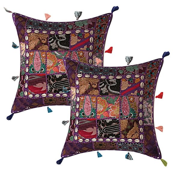 Stylo Culture Ethnic Couch Throw Pillow Covers 17 x 17 Purple Embroidered Patchwork Cowry Sea Shell Tassels Bohemian 43cm x 43cm Living Room Cotton Floral Square Cushion Covers | Set Of 2