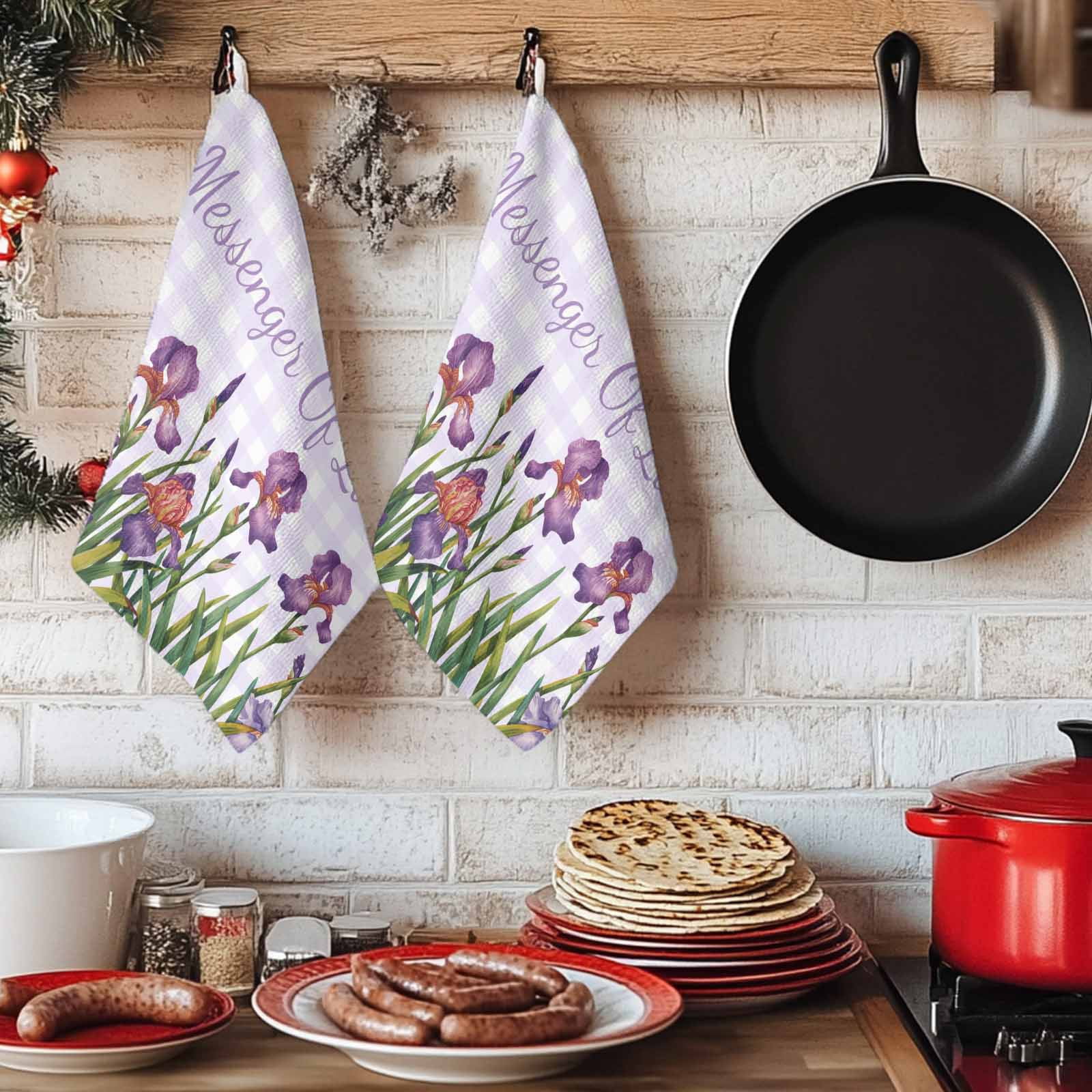 Dish Towels, Iris Flowers Absorbent Kitchen Towels 2 PCS, Floral Purple Buffalo Plaid Microfiber Hand Towels Dish Cloths Tea Towels for Home&nbsp;Bathroom Cleaning Drying,18X28-Inch,