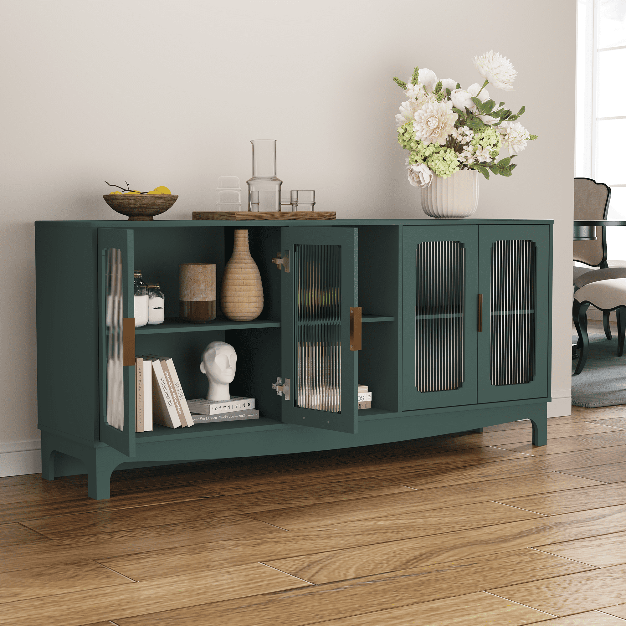 ZOSQUARE Modern TV Stand for TVs up to 75", 65" Entertainment Center with 4 Fluted Glass Doors and Open Shelves, Mid-Century Media Console, Green TV Table for Living Room, Bedroom
