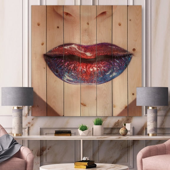 Designart 'Beautiful Women Lips With Red and Blue Lipstick' Modern Print on Natural Pine Wood