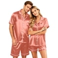 thumbnail image 2 of （Mens） Couple Matching Sets Silk Short Sleeve Button Down Sleepwear Satin Shorts Set Soft Loungewear Pink 2XL, 2 of 8