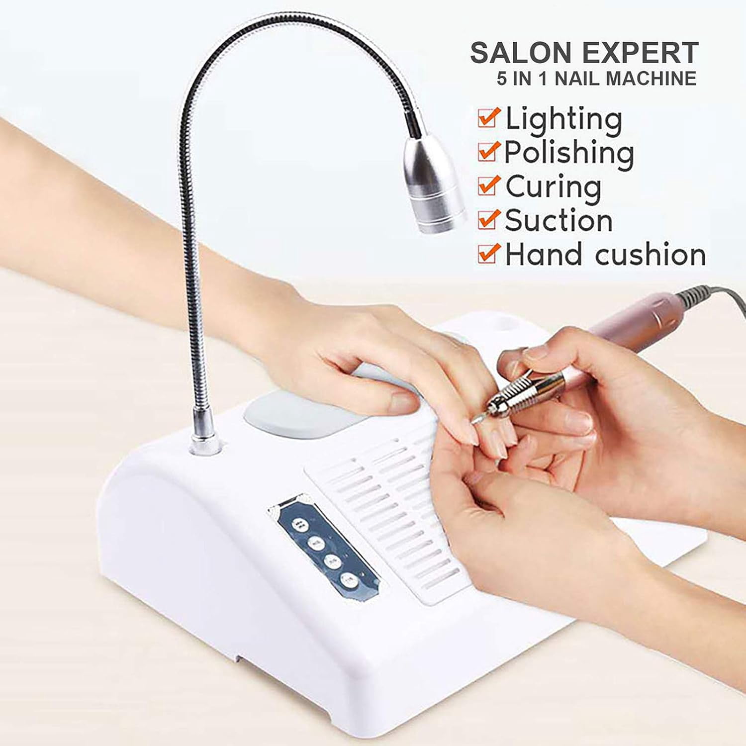 Nail Dryer Vacuum Multi-Purpose Manicure Machine, 5in1 UV Manicure Machine with 30,000rpm Electric Nail Drill, 96W UV LED Nail Lamp, 6W Table Lamp and Hand Pads for Salons and Homes
