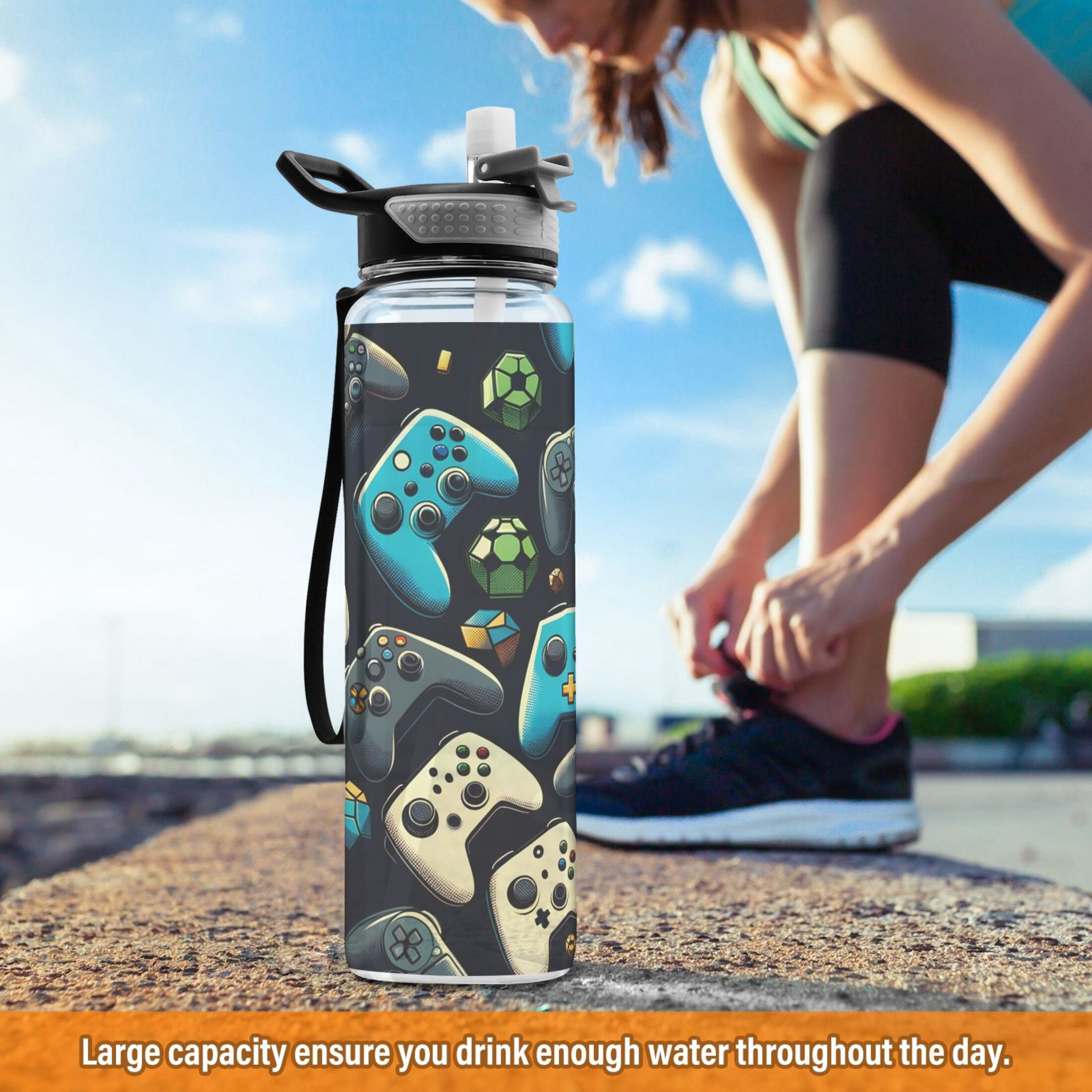 Gaming Controller Sports Water Bottle with Straws 32 Oz Tritan Clear Bottles BPA Free Leakproof Cup for Outdoor School Gym Fitness