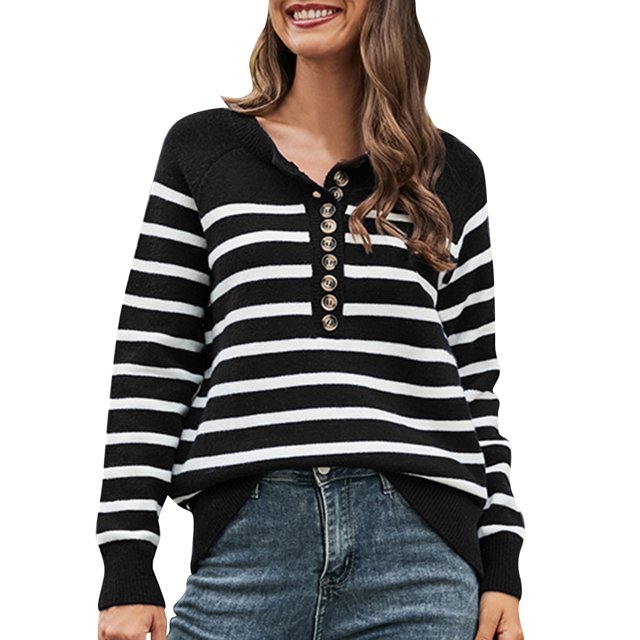 Gibobby Suéter Para Invierno Mujer Suéter de manga larga con botones y cuello redondo para mujer Suéter de punto elegante a rayas(Negro,CH)