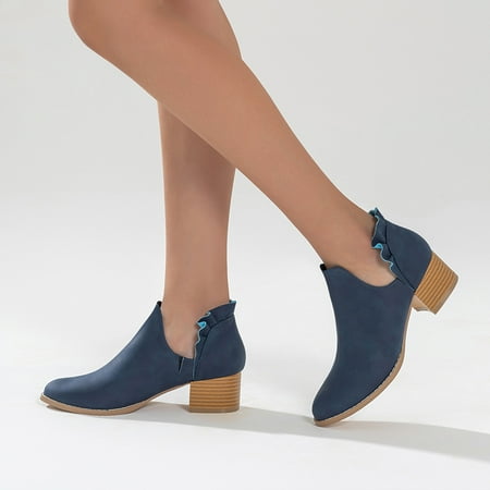 

Pointed Toe Chunky Heeled Ankle Boots For Women Frill Trim Solid Color Women‘s Short Boots