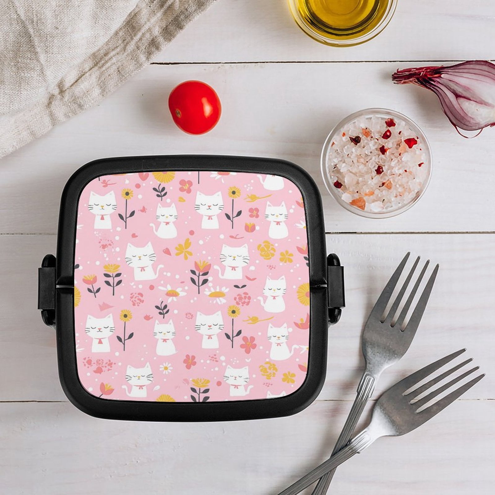 5.3×4.3in Double-Layer Bento Box Sealing Leakproof Partition Design Buckle Design Convenient Switch With Handle Cartoon Cat And Flowers