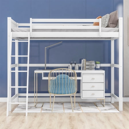 Solid Wood High Loft Bed with Ladder No box spring required (White)