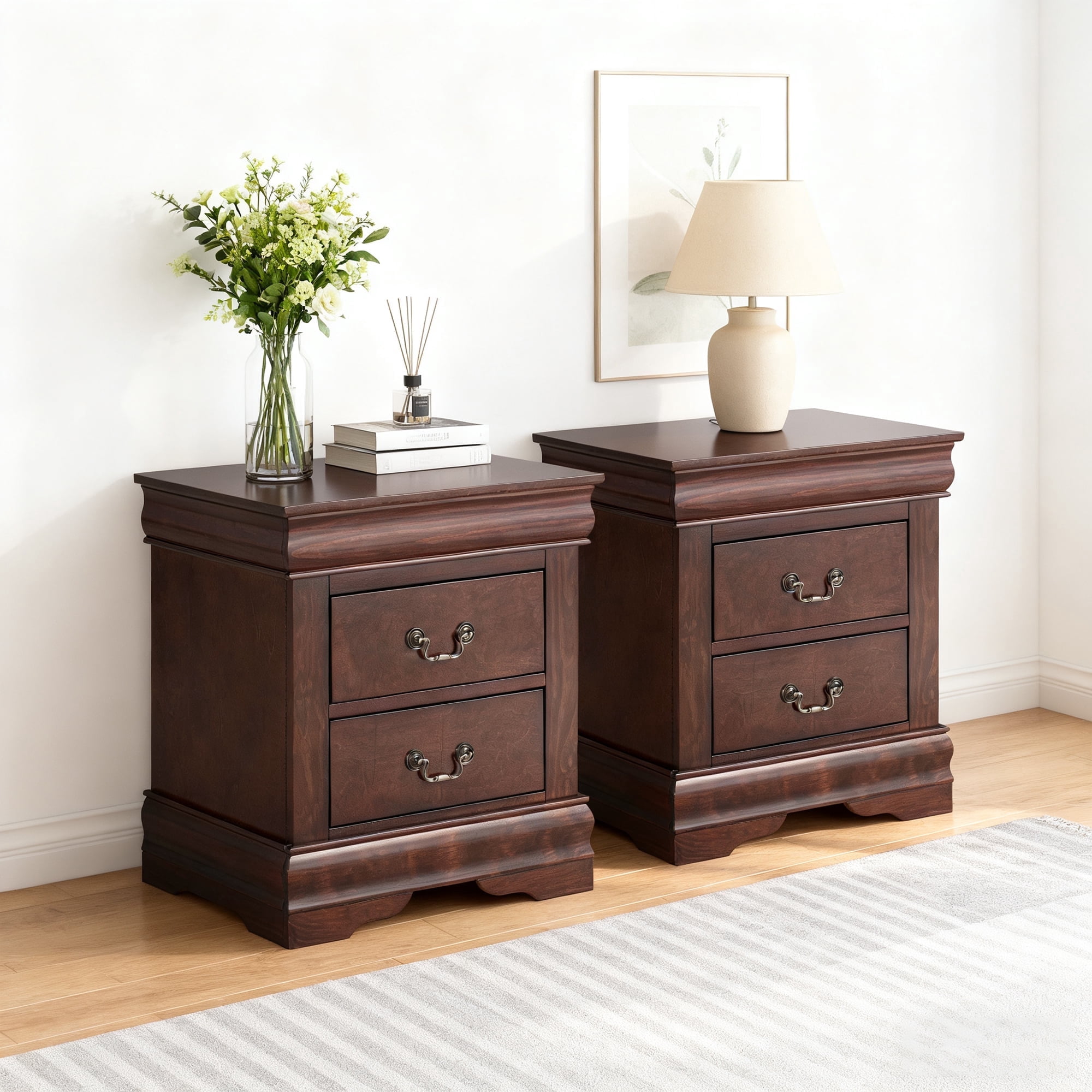 Leovanni Solid Wood Nightstand , End Table with Drawers and Metal Handles, No Assembly Required, For Bedroom, Living Room, Adult, Cherry