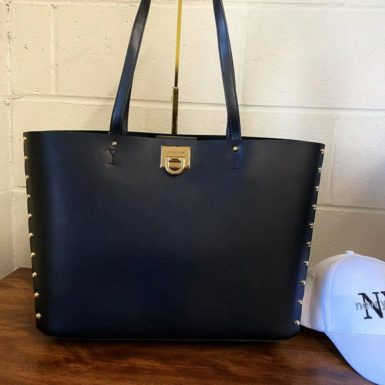AVENUE M TOTE, Black Leather Tote Bag with Studs