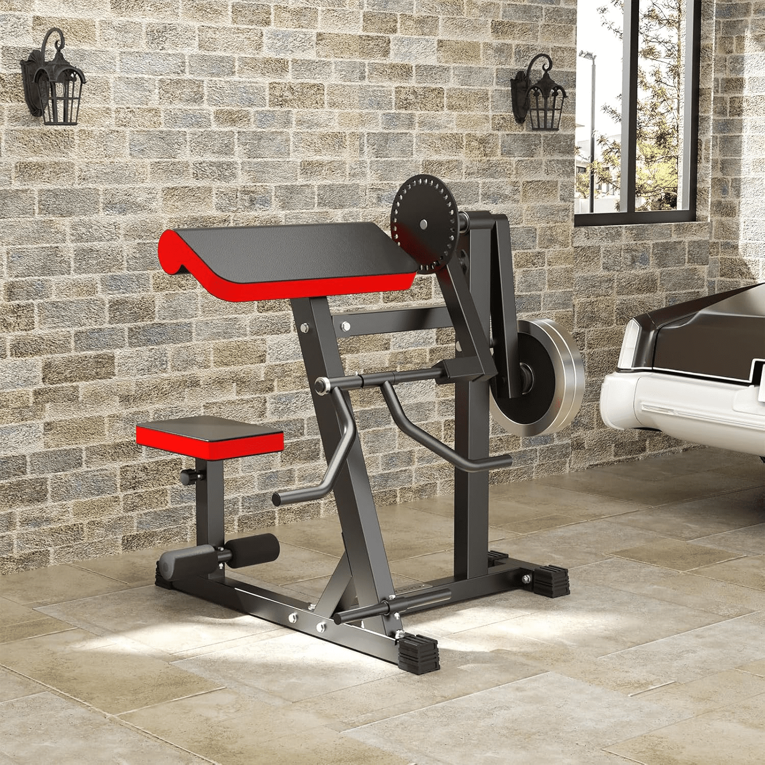 2-in-1 Upgrade Bicep Tricep Curl Machine with Foot Pedal and Adjustable Seat, Plate Loaded Preacher Curl Bench Seated Arm Isolated, Bicep Curl and Triceps Extension Machine for Home Gym Workout