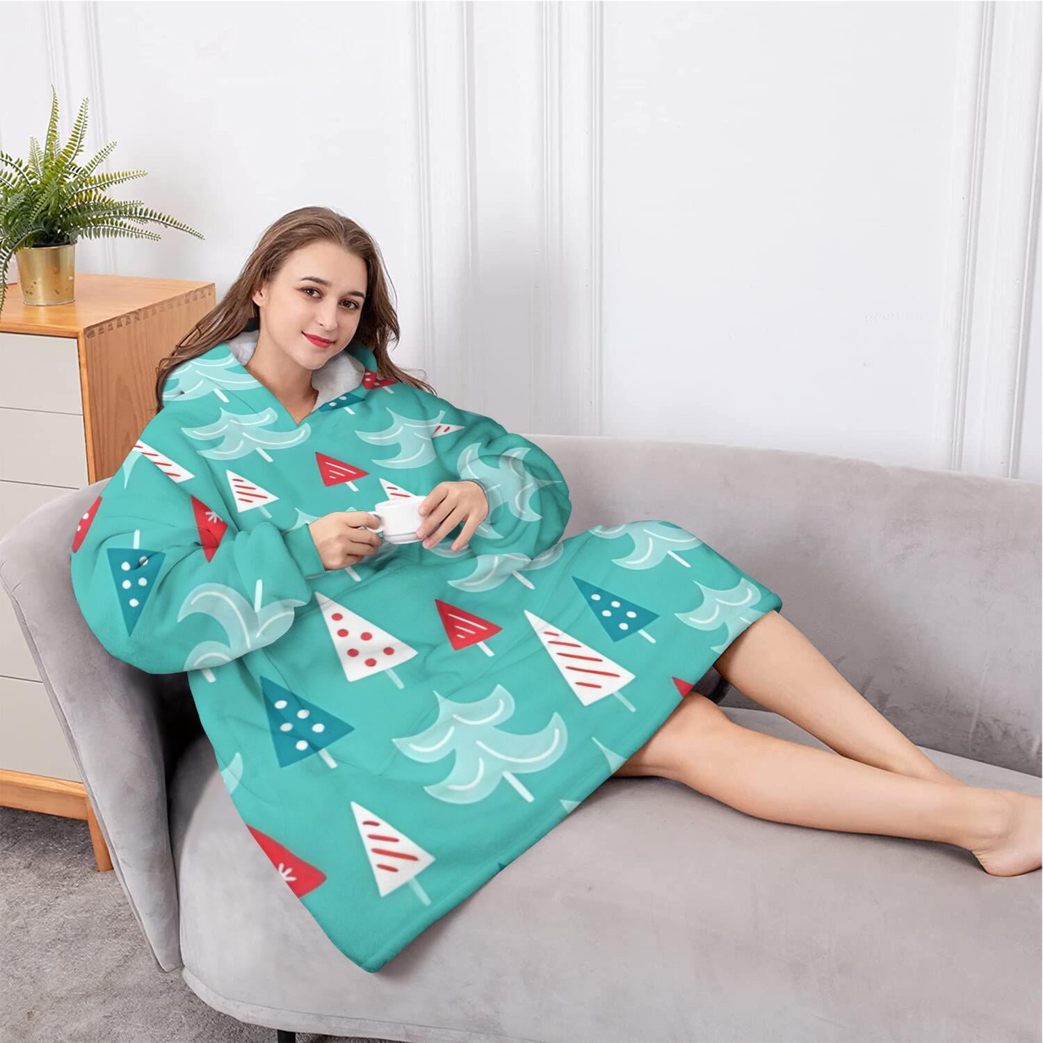 Oversized Wearable Blanket Hoodie,Turquoise Christmas Tree Pattern Sherpa Blanket Hoodie with Super Pockets,Super Warm Fuzzy Pullover for Women & Men