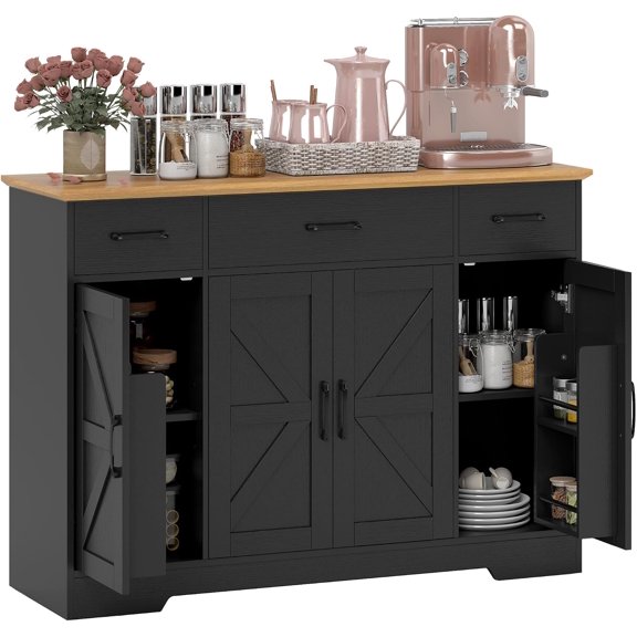 Wellmark 47" Sideboard Buffet Cabinet, Farmhouse Credenza with Soft-Close Hinges, Coffee Bar Cabinet with Spice Racks, 3 Drawers and 3 Adjustable Shelves, Black