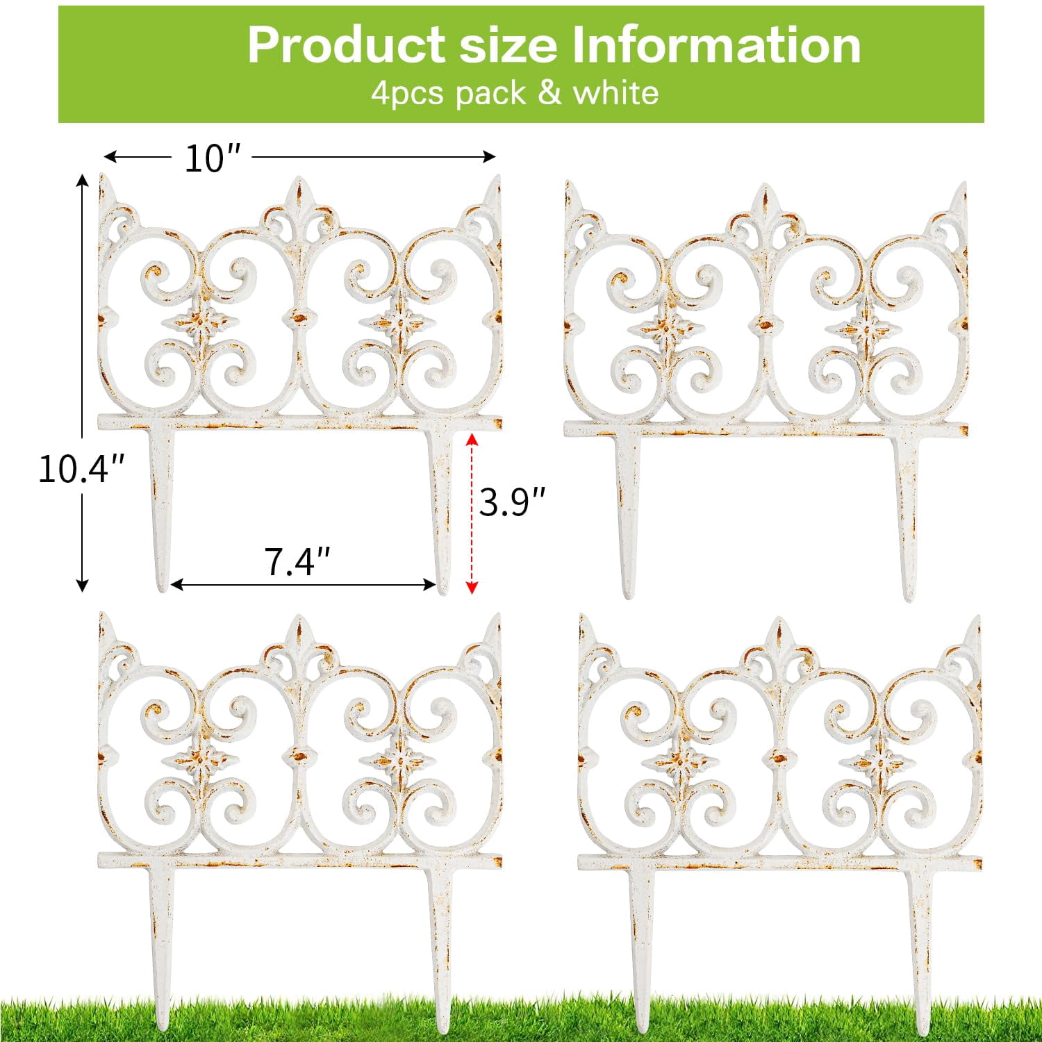 Sungmor 10.6" x 10" Rustic White Cast Iron Garden Edging, Landscape Decor, 4 Count