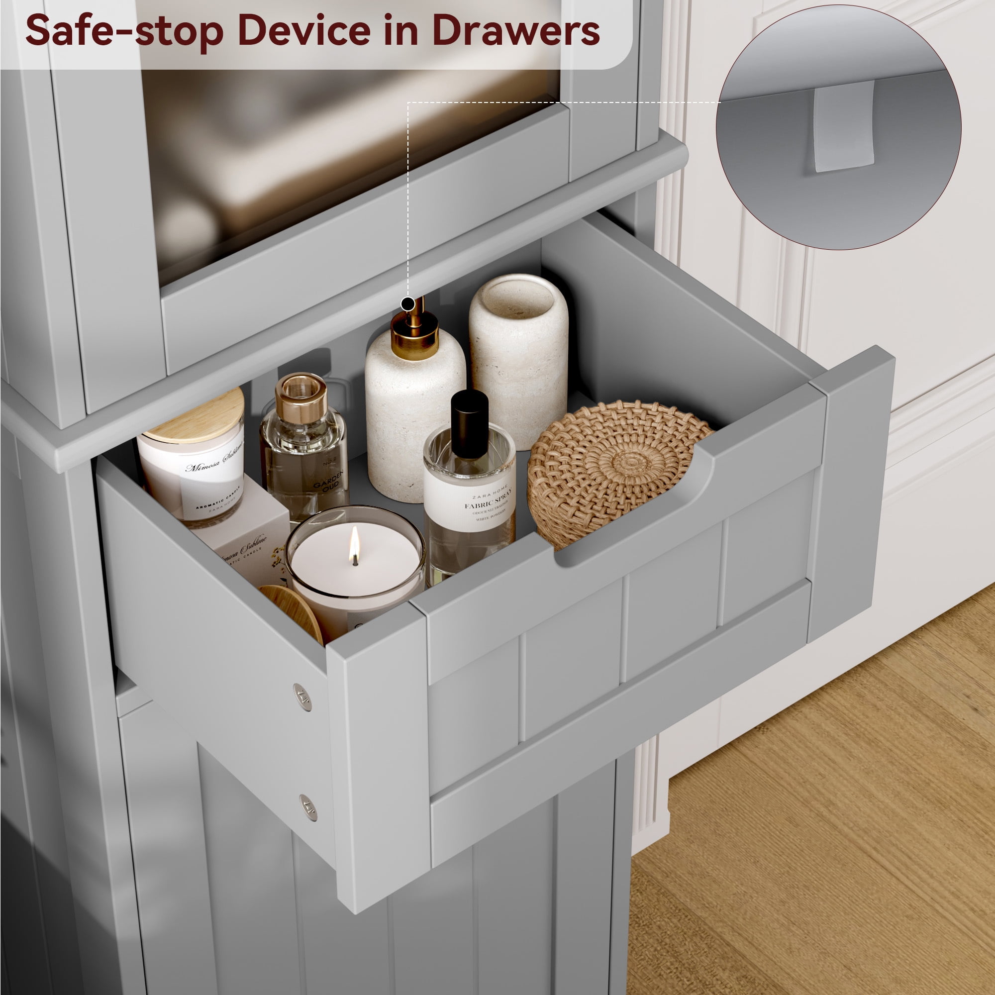 Homfa Bathroom Storage Tower, Narrow Linen Cabinet with Door and Drawers, Tall Bathroom Storage Cabinet for Small Spaces, Gray