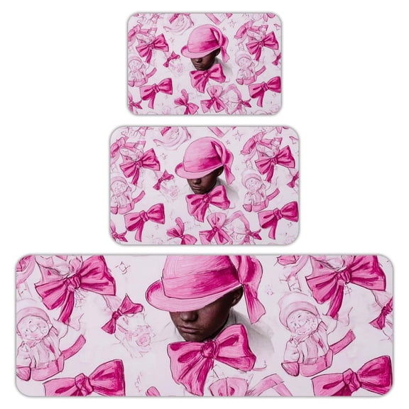RKSupls Kitchen Rug Set 3 Piece Anti-Slip Flannel Floor Mats, Pink Bows Washable Absorbent Runner Mats for Kitchen Bathroom Home Decor