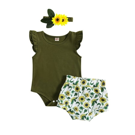 

allshope 3Pcs Baby Girls Summer Sunflower Outfits Fly Sleeve Romper + High Waist Shorts + Headband Set Infant Clothes