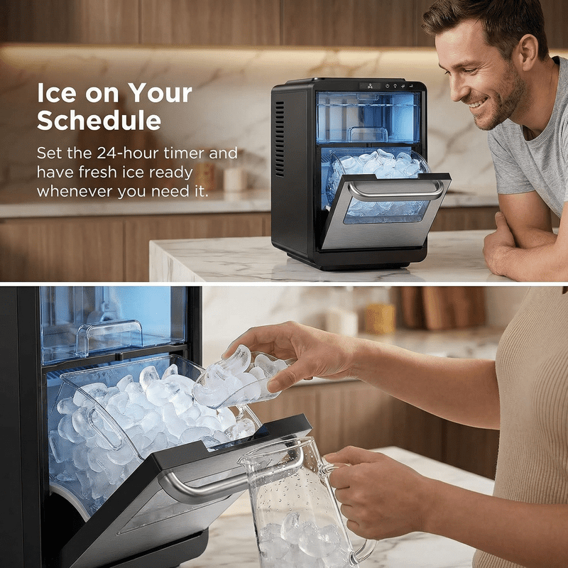 Countertop Crescent Ice Maker with Clear Slow-Melting Ice, Adjustable Ice Thickness, Timer Function, Self-Cleaning Ice Machine, Makes 16 Cubes in 15 Minutes, Up to 22 lbs Per Day