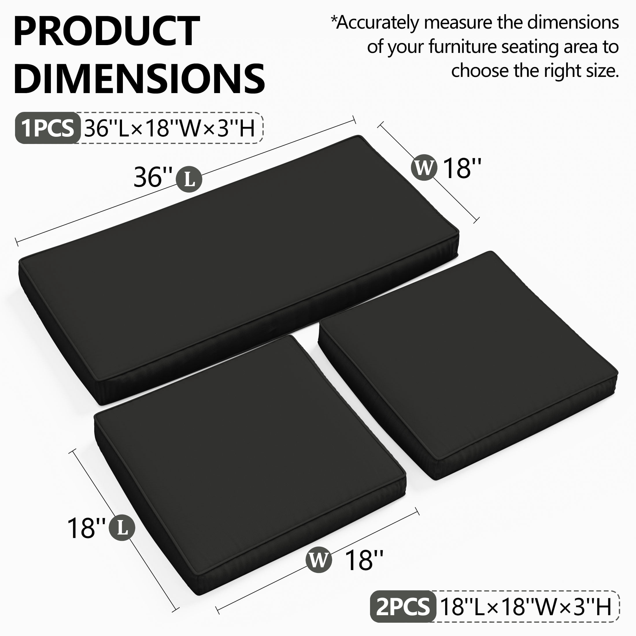 Snubbull 3 Pack Loveseat Cushion Set, 36" x 18" x 3" Waterproof Outdoor Chair Replacement Cushions for 4-Seater Wicker Rattan Patio Furniture, Black