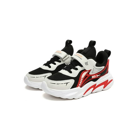 

Ferndule Boy s Magic Tape Sneakers Gym Lightweight Flat Running Shoe Soft Color Block Trainers Black Red 13C
