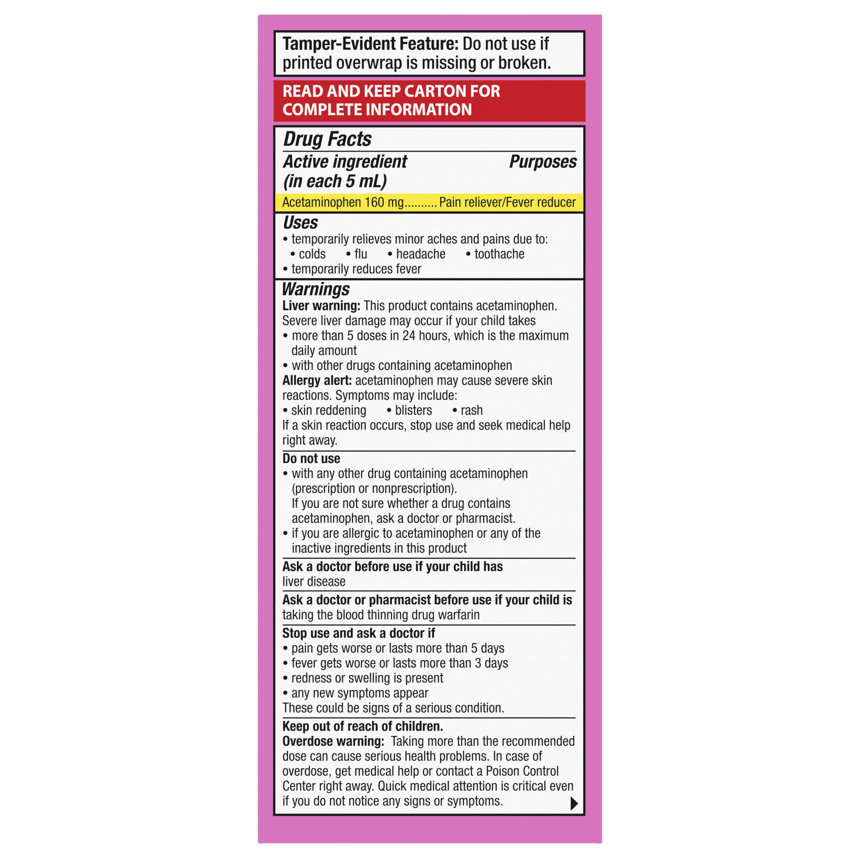 Panadol Children's Pain Reliever and Fever Reducer, Liquid Acetaminophen, Raspberry - 4 Fl Oz
