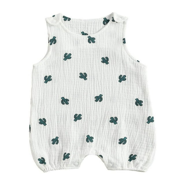 Barboteuse d'Été Sans Manches pour Bébés Garçons Filles Imprimé Cactus Coton Lin Combinaisons Combinaisons de Jeu